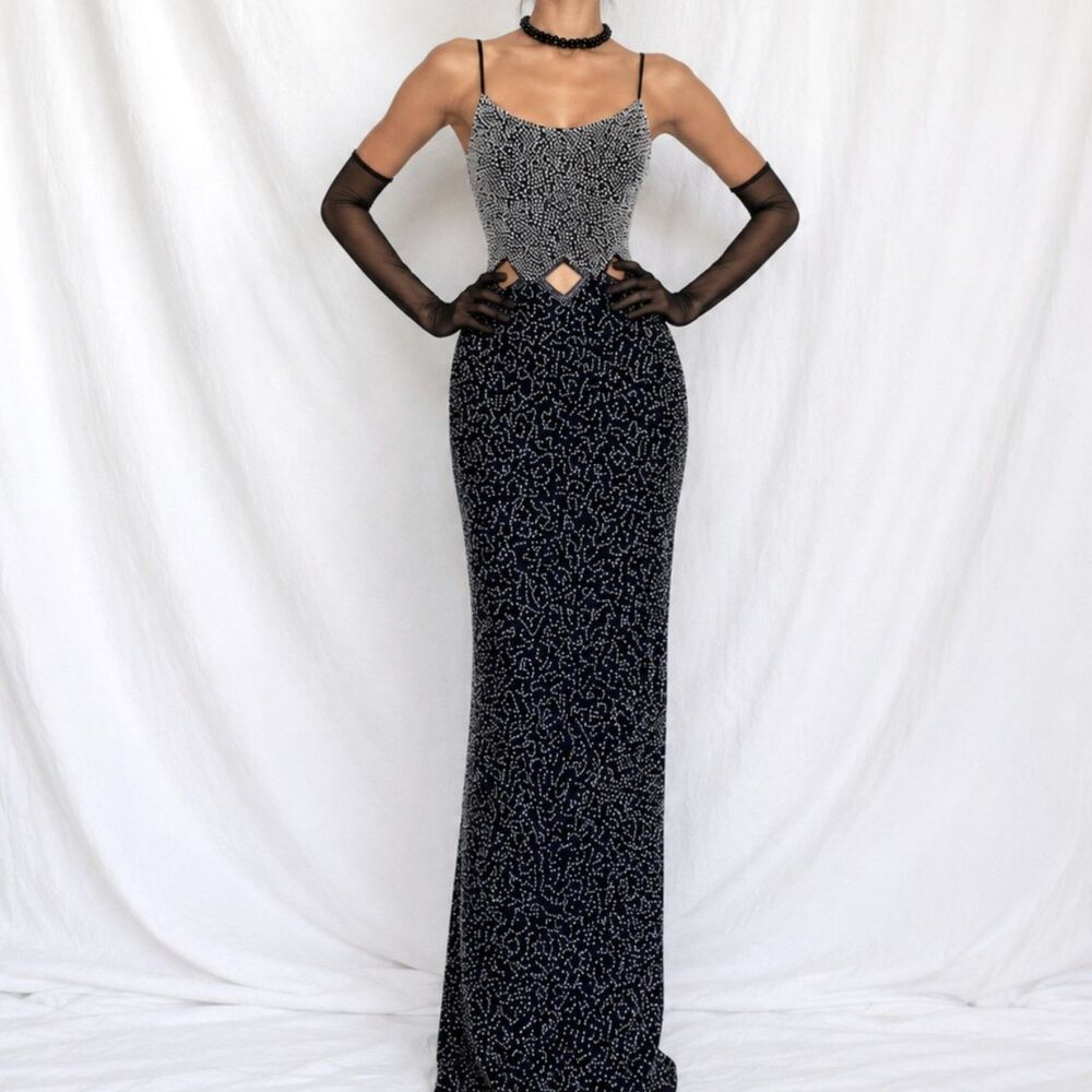Vintage Y2K Blue Silver Cutout Beaded Maxi Bodycon Cocktail Formal Prom Dress M